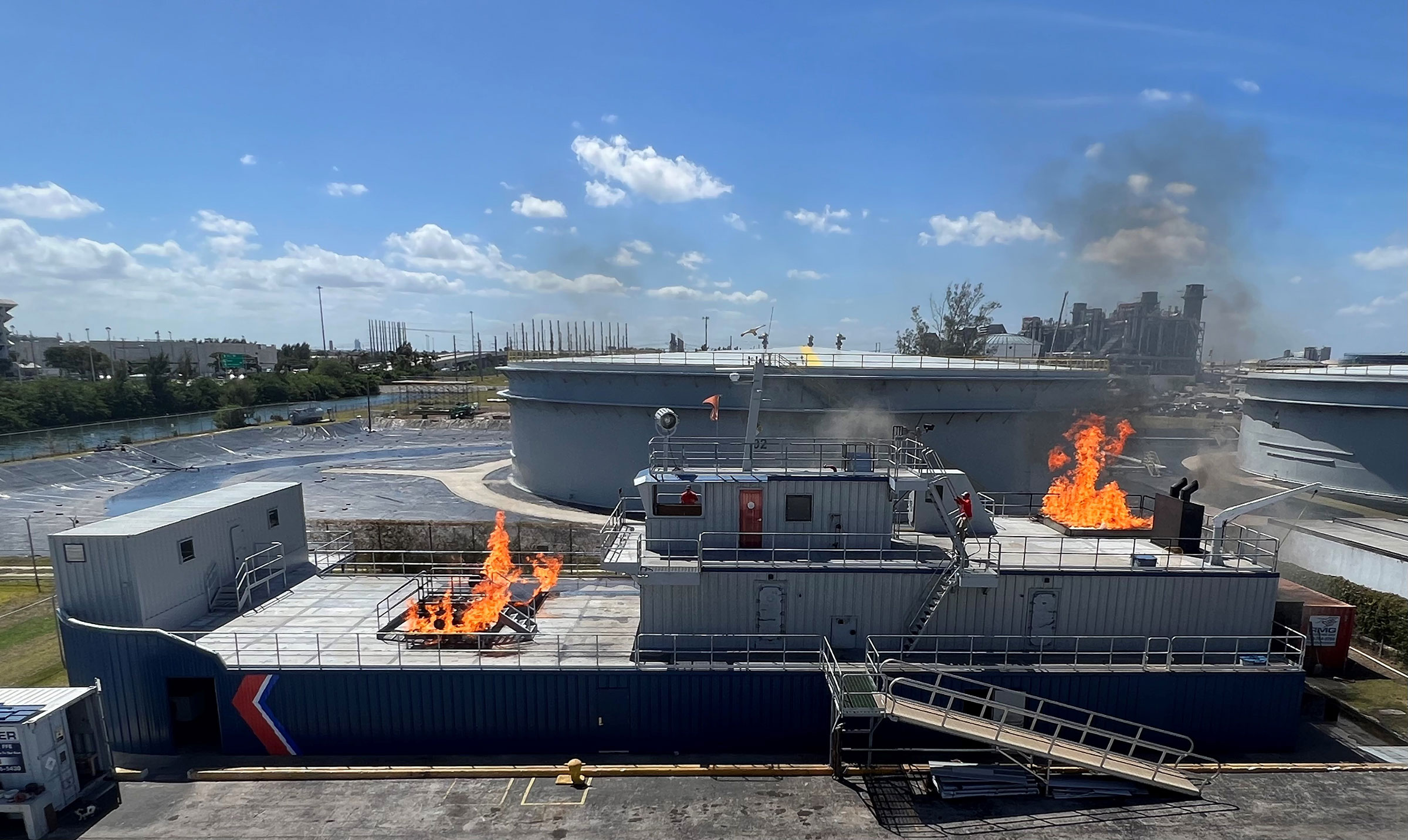 Aerial overview of Resolve Maritime Academy STCW Basic Safety Training fire training vessel in Fort Lauderdale